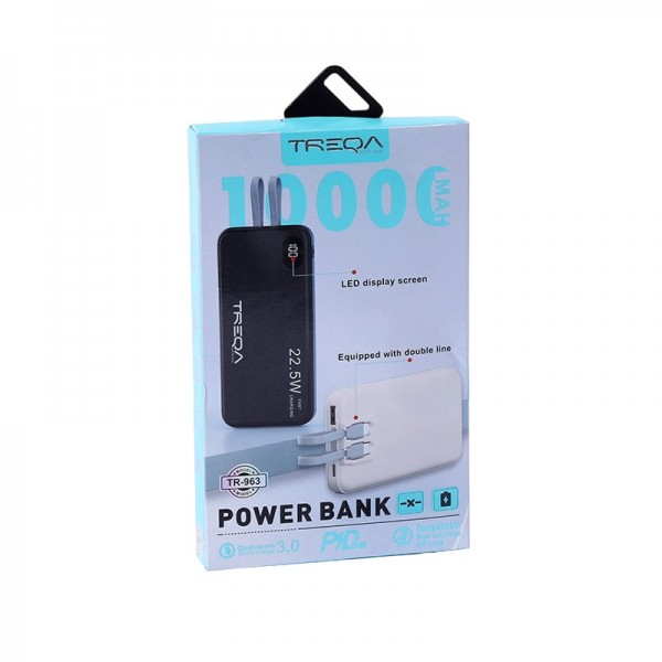 Treqa Power bank 10000Mah με 2 καλώδια 3.0 22.5W TR-963 Μαύρο