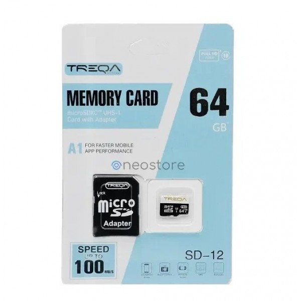 Treqa Κάρτα μνήμης Micro SDHC 64GB Class 10 U1 A1 UHS-1 με αντάπτορα SD SD-12 64GB