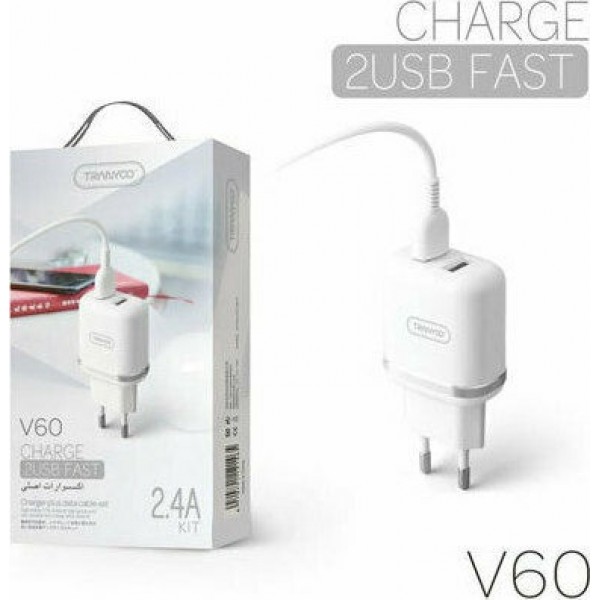 Tranyoo Φορτιστής με 2 Θύρες USB-A και Καλώδιο micro USB Λευκός V60