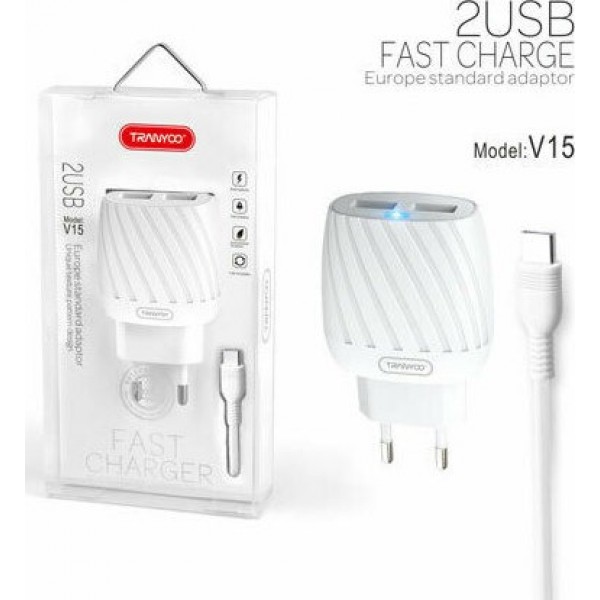 Tranyoo Φορτιστής με 2 Θύρες USB-A και Καλώδιο USB-C micro Λευκός V15