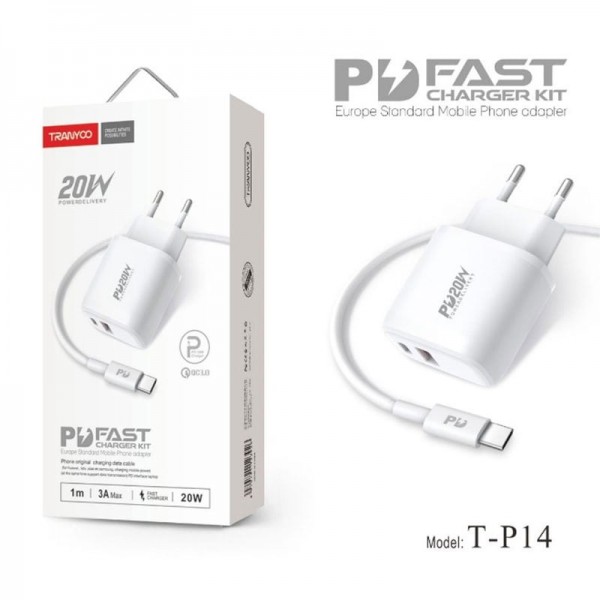 Tranyoo Φορτιστής με Θύρα USB-C και Καλώδιο Lightning 20W Λευκός T-P14