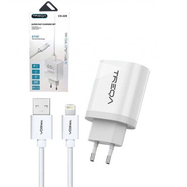 Treqa Φορτιστής με Θύρα USB-A και Καλώδιο Lightning 65W Λευκός CS-228